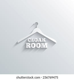 Cutout paper background. Cloakroom sign icon. Hanger wardrobe symbol. White poster with icon. Vector