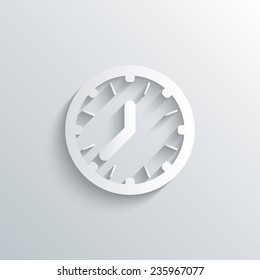 Cutout paper background. Clock time sign icon. Mechanical watch symbol. White poster with icon. Vector