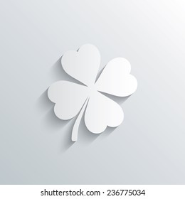 Cutout paper background. Clover with four leaves sign icon. Saint Patrick symbol. White poster with icon. Vector