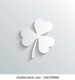Cutout paper background. Clover with three leaves sign icon. Trifoliate clover. Saint Patrick trefoil symbol. White poster with icon. Vector