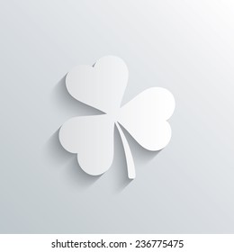 Cutout paper background. Clover with three leaves sign icon. Trifoliate clover. Saint Patrick trefoil symbol. White poster with icon. Vector