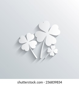 Cutout paper background. Clovers with four leaves sign icon. Saint Patrick symbol. White poster with icon. Vector