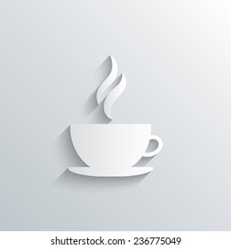Cutout paper background. Coffee cup sign icon. Hot coffee button. Hot tea drink with steam. White poster with icon. Vector