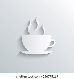 Cutout paper background. Coffee cup sign icon. Hot coffee button. White poster with icon. Vector