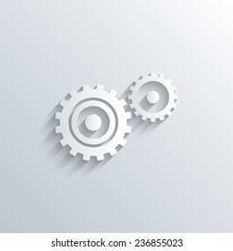 Cutout paper background. Cog settings sign icon. Cogwheel gear mechanism symbol. White poster with icon. Vector