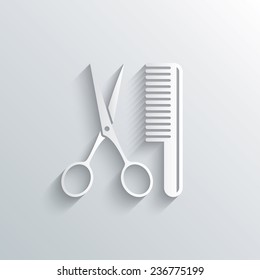 Cutout paper background. Comb hair with scissors sign icon. Barber symbol. White poster with icon. Vector