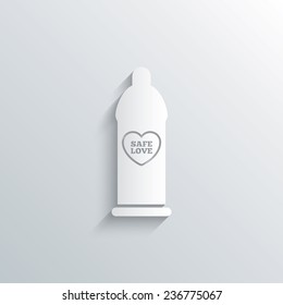 Cutout paper background. Condom safe sex sign icon. Barrier contraceptive symbol. White poster with icon. Vector