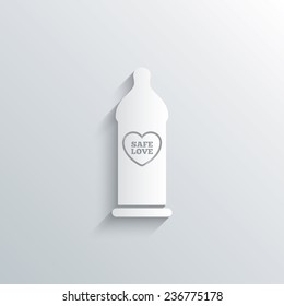 Cutout paper background. Condom safe sex sign icon. Barrier contraceptive symbol. White poster with icon. Vector