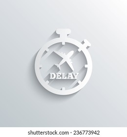 Cutout paper background. Delayed flight sign icon. Airport delay timer symbol. Airplane icon. White poster with icon. Vector