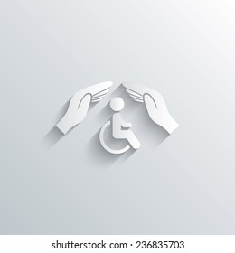 Cutout paper background. Disabled human insurance sign icon. Hands protect wheelchair man symbol. Health insurance. White poster with icon. Vector