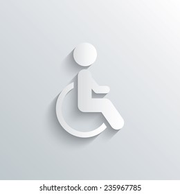 Cutout paper background. Disabled sign icon. Human on wheelchair symbol. Handicapped invalid sign. White poster with icon. Vector