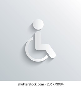 Cutout paper background. Disabled sign icon. Human on wheelchair symbol. Handicapped invalid sign. White poster with icon. Vector