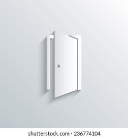 Cutout paper background. Door sign icon. Enter or exit symbol. Internal door. White poster with icon. Vector