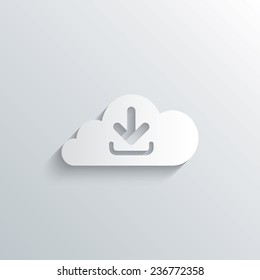 Cutout paper background. Download from cloud icon. Upload button. Load symbol. White poster with icon. Vector