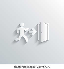 Cutout paper background. Emergency exit with human figure sign icon. Door with right arrow symbol. Fire exit. White poster with icon. Vector