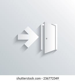 Cutout paper background. Emergency exit sign icon. Door with right arrow symbol. Fire exit. White poster with icon. Vector