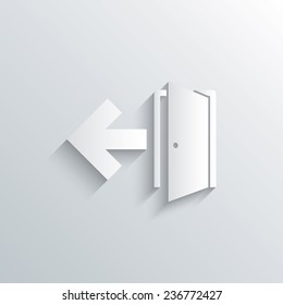 Cutout paper background. Emergency exit sign icon. Door with left arrow symbol. Fire exit. White poster with icon. Vector