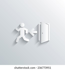 Cutout paper background. Emergency exit with human figure sign icon. Door with left arrow symbol. Fire exit. White poster with icon. Vector