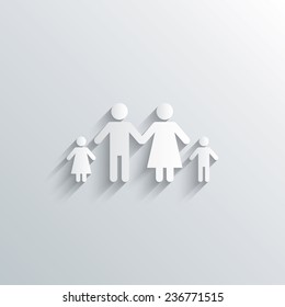 Cutout Paper Background. Family With Two Children Sign Icon. Complete Family Symbol. White Poster With Icon. Vector