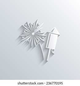 Cutout paper background. Fireworks with rocket sign icon. Explosive pyrotechnic symbol. White poster with icon. Vector
