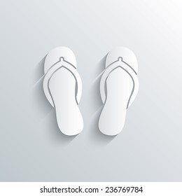 Cutout paper background. Flip-flops sign icon. Beach shoes. Sand sandals. White poster with icon. Vector