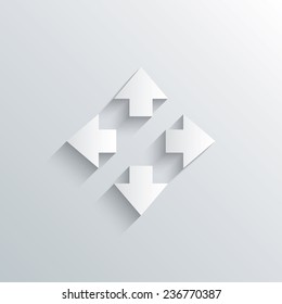 Cutout paper background. Full screen sign icon. Arrows symbol. Icon for App. White poster with icon. Vector