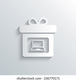 Cutout paper background. Gift box sign icon. Present with notebook PC symbol. White poster with icon. Vector