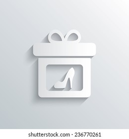 Cutout paper background. Gift box sign icon. Present with woman shoes symbol. White poster with icon. Vector