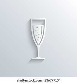 Cutout paper background. Glass of champagne sign icon. Sparkling wine with bubbles. Celebration or banquet alcohol drink symbol. White poster with icon. Vector