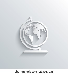 Cutout paper background. Globe sign icon. World map geography symbol. Globe on stand for studying. White poster with icon. Vector