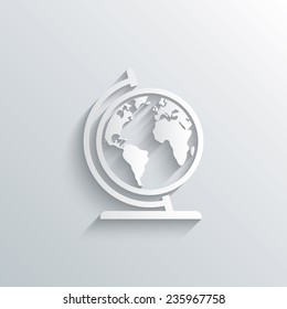 Cutout paper background. Globe sign icon. World map geography symbol. Globe on stand for studying. White poster with icon. Vector