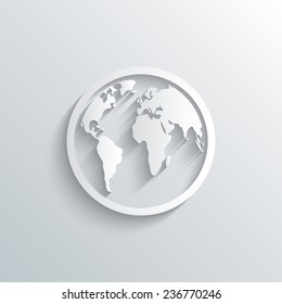 Cutout Paper Background. Globe Sign Icon. World Map Geography Symbol. White Poster With Icon. Vector