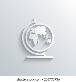 Cutout Paper Background. Globe Sign Icon. World Map Geography Symbol. Globe On Stand For Studying. White Poster With Icon. Vector