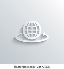 Cutout paper background. Globe sign icon. Round the world arrow symbol. Full rotation. White poster with icon. Vector