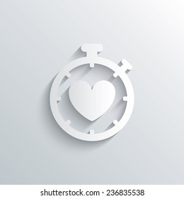 Cutout paper background. Heart Timer sign icon. Stopwatch symbol. Heartbeat palpitation. White poster with icon. Vector