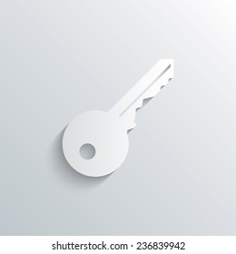Cutout paper background. Key sign icon. Unlock tool symbol. White poster with icon. Vector