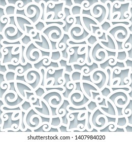 Cutout paper background, lace texture, lacy ornament, vector seamless pattern in neutral color