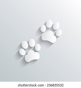 Cutout paper background. Paw sign icon. Dog pets steps symbol. White poster with icon. Vector