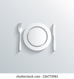 Cutout Paper Background. Plate Dish With Fork And Knife. Eat Sign Icon. Cutlery Etiquette Rules Symbol. White Poster With Icon. Vector