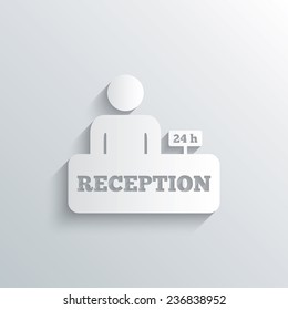 Cutout paper background. Reception sign icon. 24 hours Hotel registration table with administrator symbol. White poster with icon. Vector