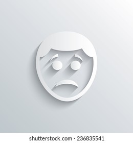 Cutout paper background. Sad face sign icon. Sadness depression chat symbol. White poster with icon. Vector