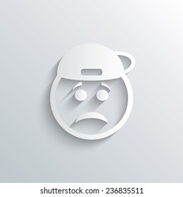 Cutout paper background. Sad rapper face sign icon. Sadness depression chat symbol. White poster with icon. Vector