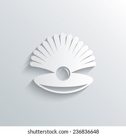 Cutout paper background. Sea shell with pearl sign icon. Conch symbol. Travel icon. White poster with icon. Vector