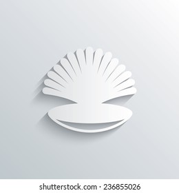 Cutout paper background. Sea shell sign icon. Conch symbol. Travel icon. White poster with icon. Vector
