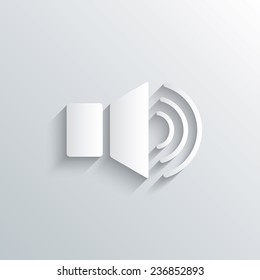 Cutout paper background. Speaker volume sign icon. Sound symbol. White poster with icon. Vector