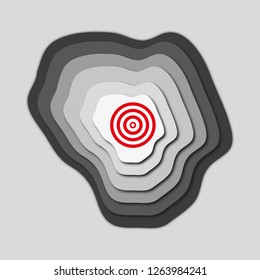 Cutout paper background. Target aim sign icon. Darts board symbol. Grey layers poster with icon target in the center.