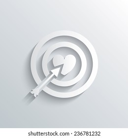 Cutout paper background. Target aim sign icon. Darts board symbol with heart in the center. White poster with icon. Vector