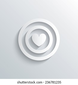 Cutout paper background. Target aim sign icon. Darts board symbol with heart in the center. White poster with icon. Vector