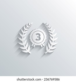Cutout paper background. Third place award sign icon. Prize for winner symbol. Laurel Wreath. White poster with icon. Vector
