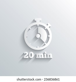 Cutout paper background. Timer sign icon. 20 minutes stopwatch symbol. White poster with icon. Vector